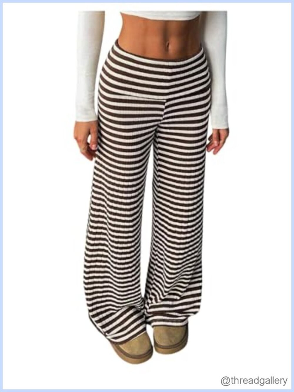 Striped Knit Wide Leg High Waisted Pants Textured Elastic Waist Lounge Trousers